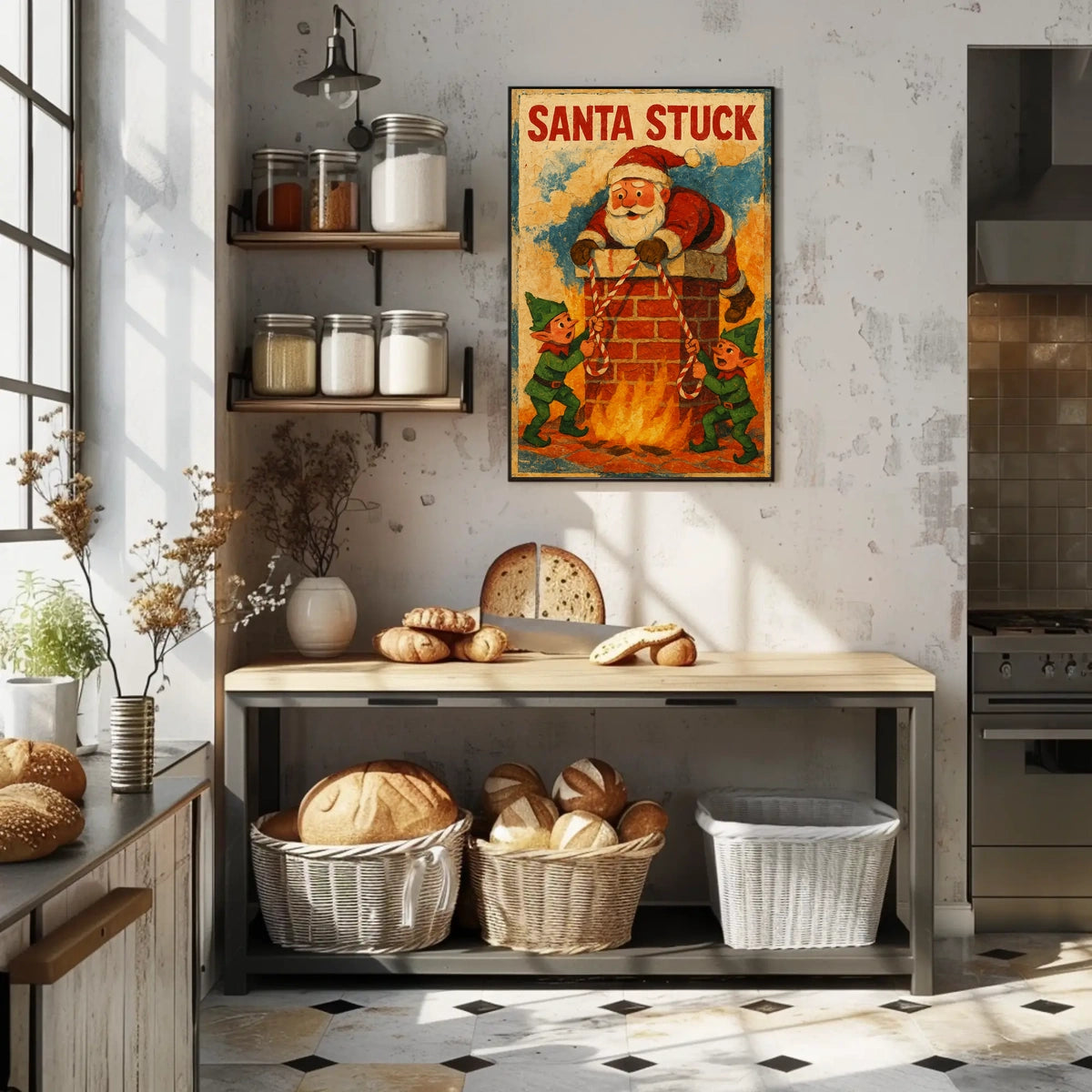 Santa Stuck in Chimney Humor Christmas Pop Culture Poster