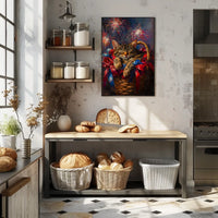 Brown Tabby Cat Curling Up Inside A Woven Basket Poster