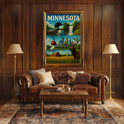Minnesota State Symbols City Nature Blend Vintage Travel Poster