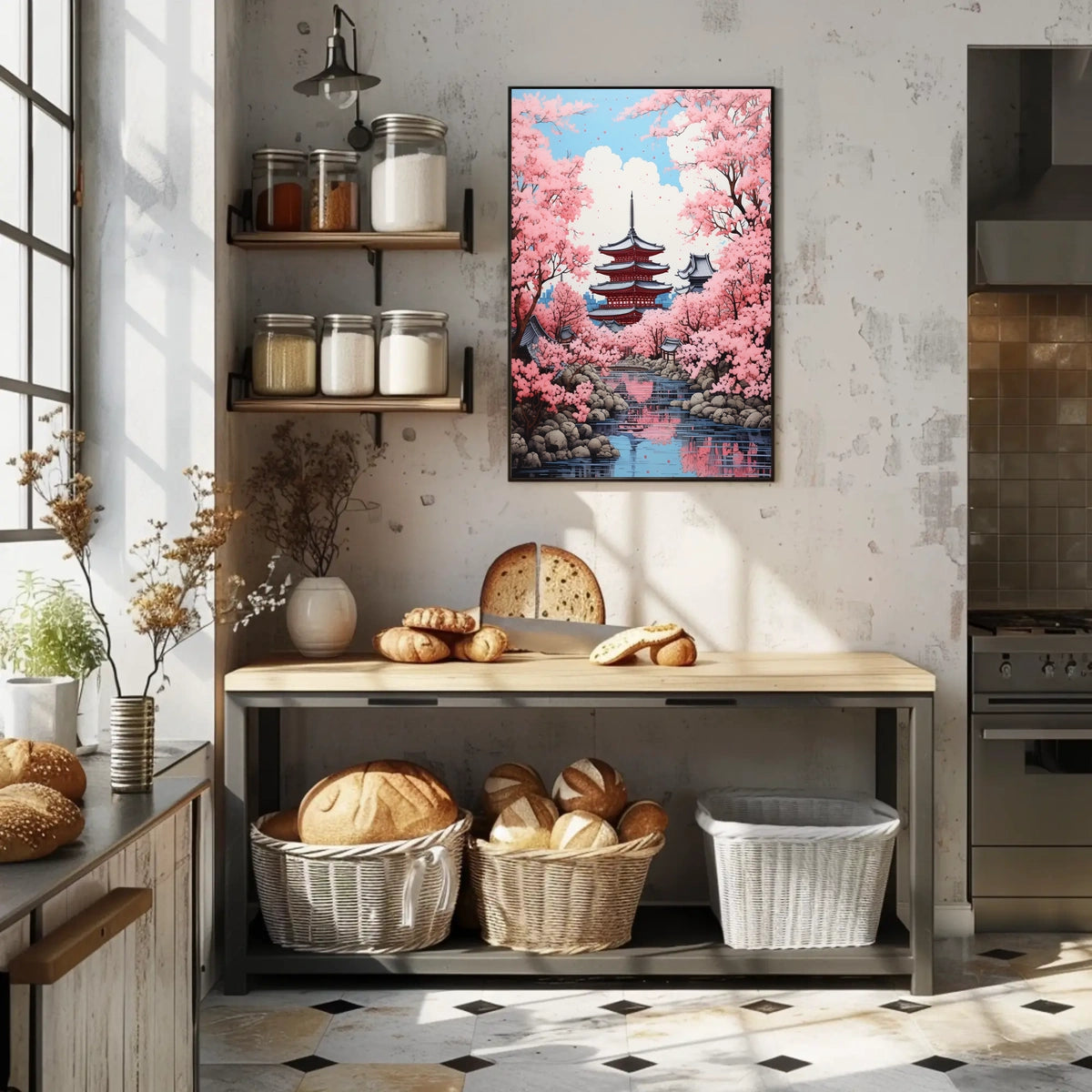 Japanese Pagoda with Cherry Blossoms Cultural Poster