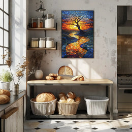 Vibrant Mosaic Sunset Landscape Artistic Poster