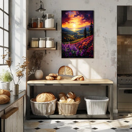 Vibrant Sunset Over Idyllic Countryside Landscape - Artistic Poster