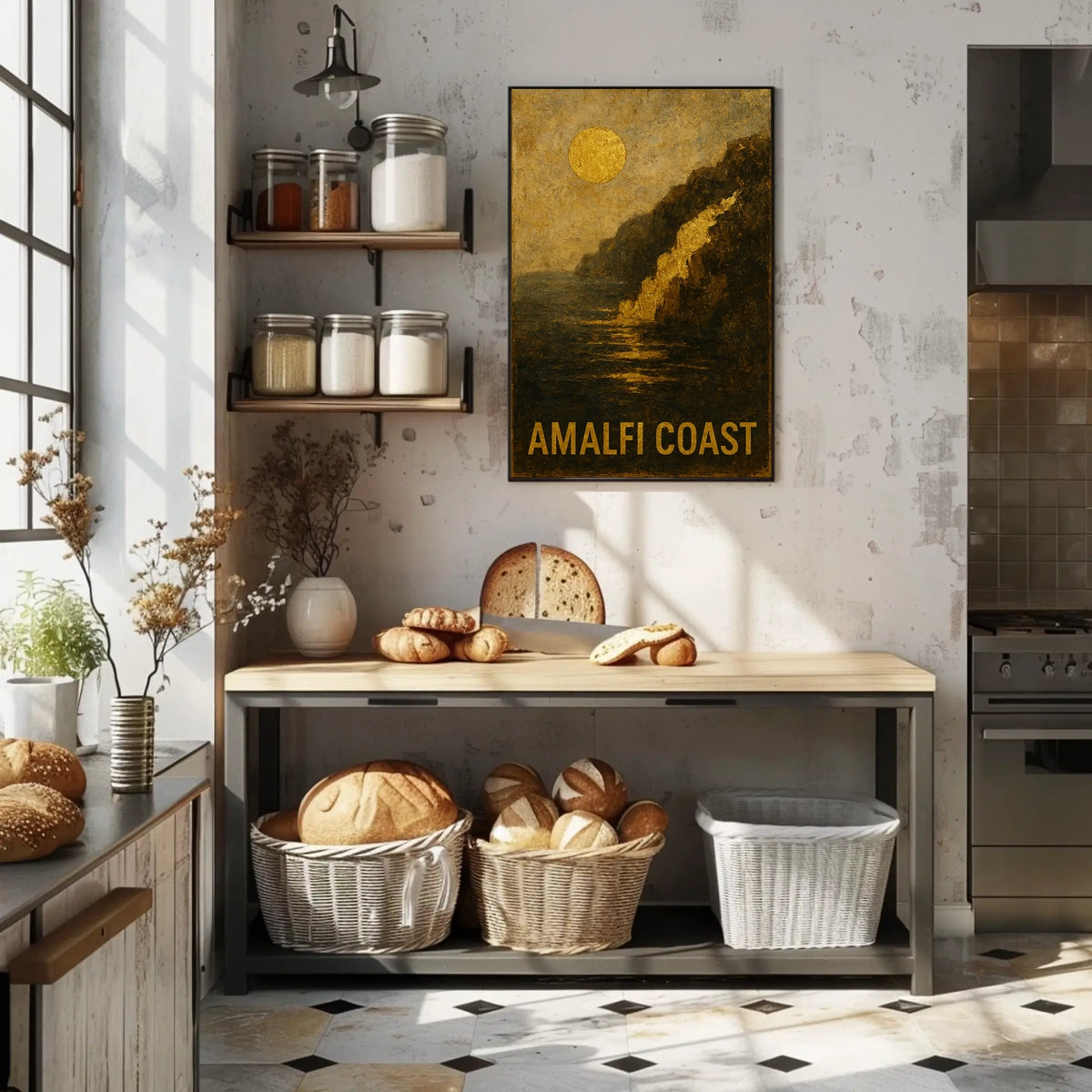 Amalfi Coast Poster Wall Art Coastal Sunset Scene Print