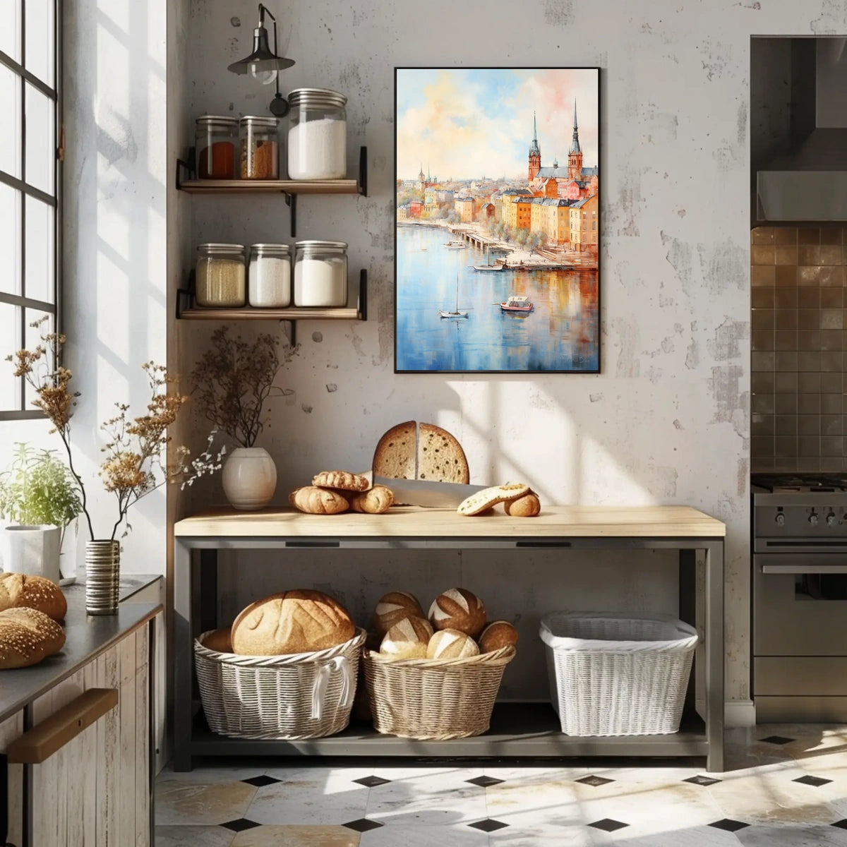 Picturesque European Cityscape on Waterfront Travel Poster