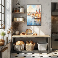 Picturesque European Cityscape on Waterfront Travel Poster