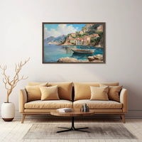 The poster showcases a scenic coastal village, likely inspired by the Mediterranean region, Travel Poster