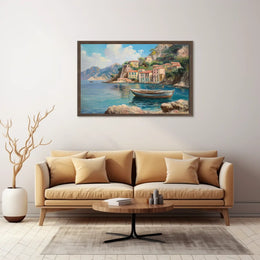 The poster showcases a scenic coastal village, likely inspired by the Mediterranean region, Travel Poster