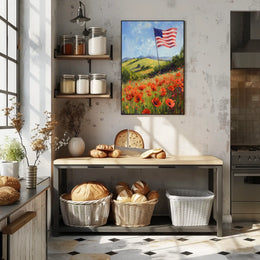 peaceful field of poppies with one large American flag Poster