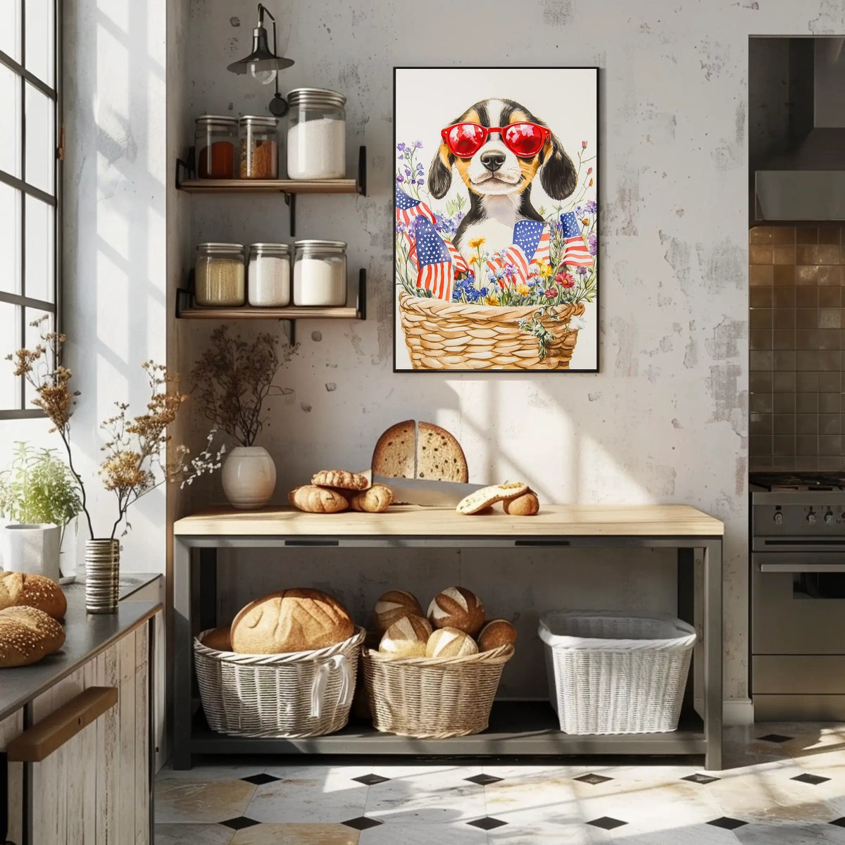 Beagle Puppy With Red Sunglasses In Floral Basket Poster