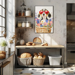 Beagle Puppy With Red Sunglasses In Floral Basket Poster