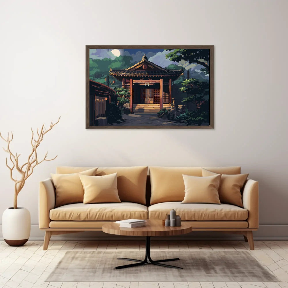 Moonlit Japanese Temple Pixel Art Poster