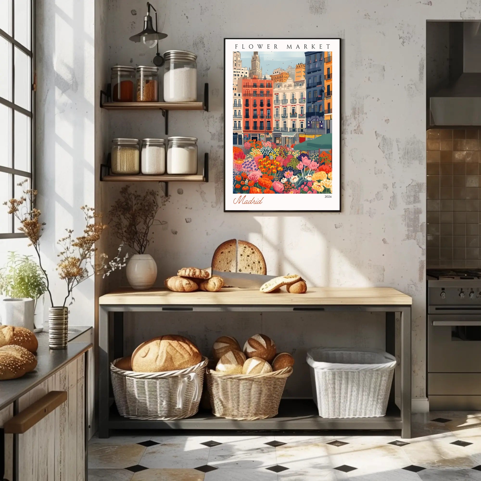 Vibrant Flower Market in Madrid Poster PosterGoat