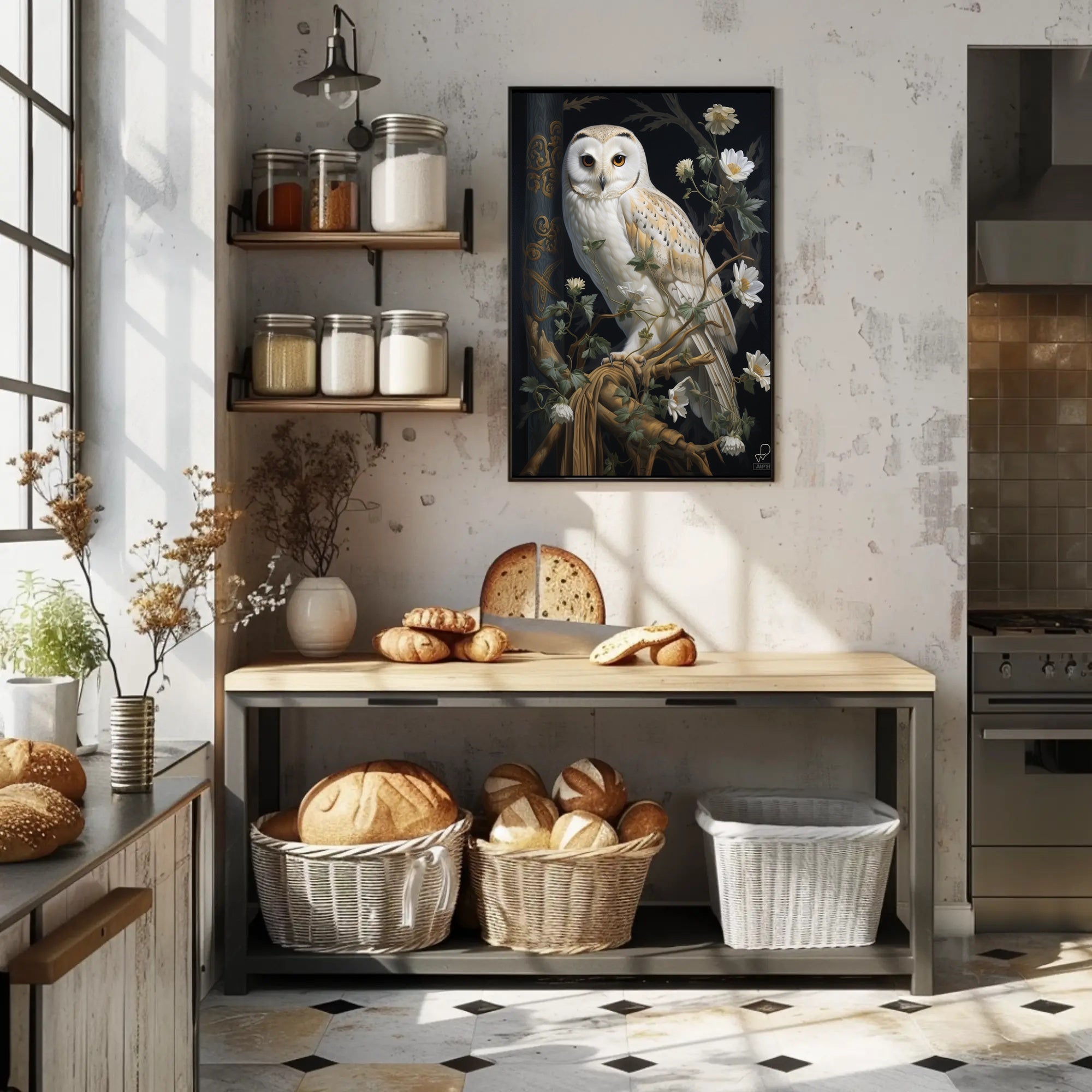 Detailed White Owl Illustration Wall Art Animal Poster