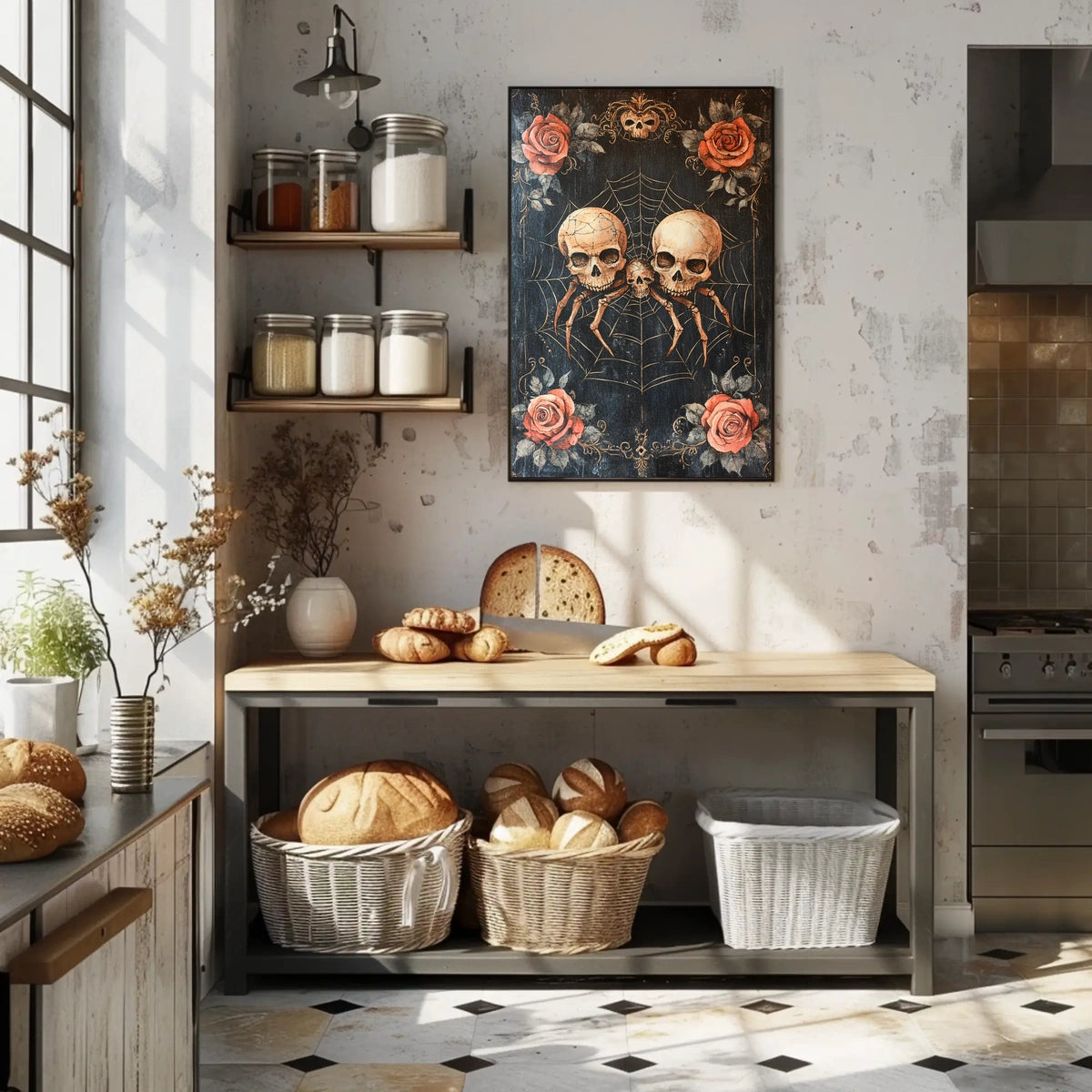 Macabre Gothic Skulls with Roses Artistic Pop Culture Poster