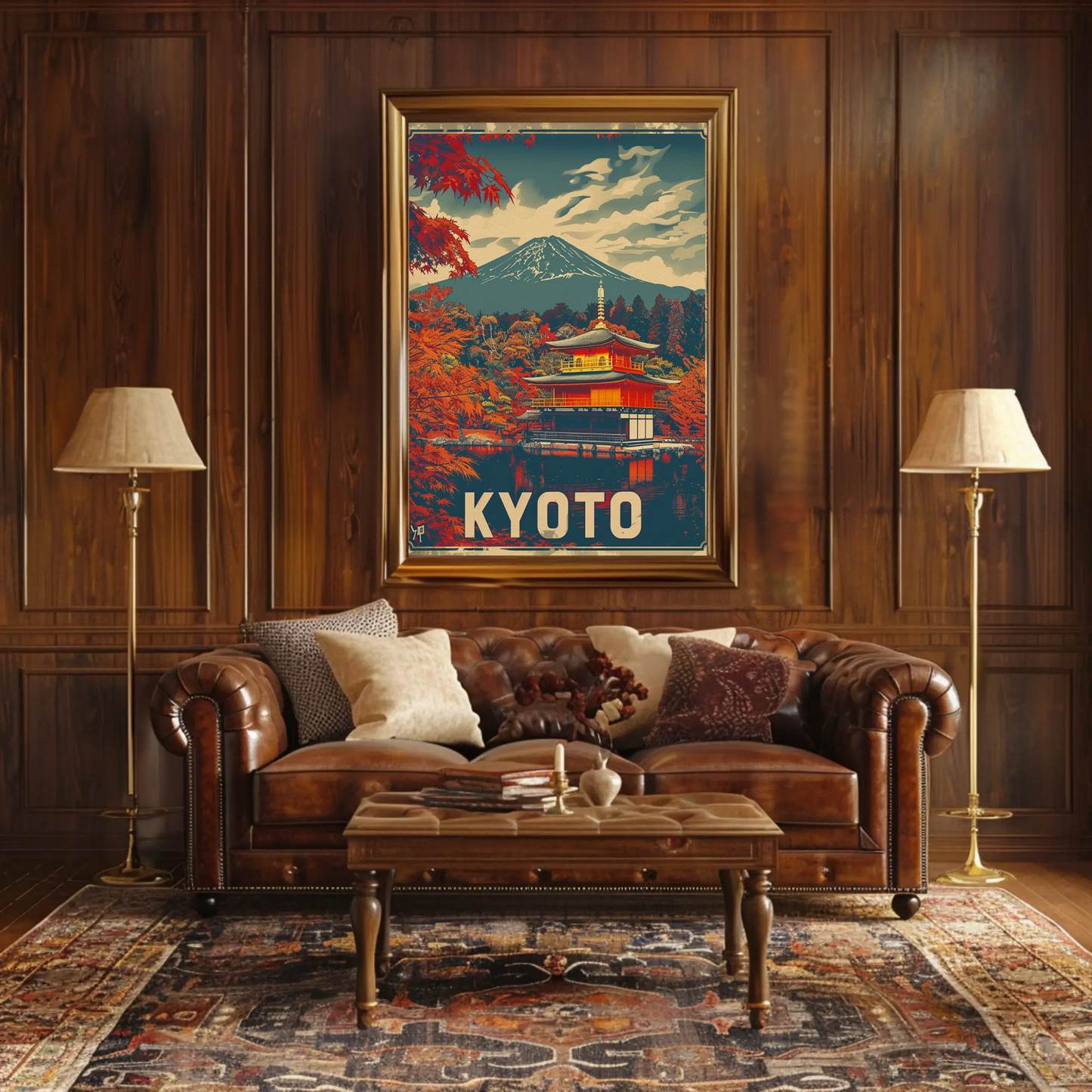 Kyoto Temple Autumn Mount Fuji Travel Poster