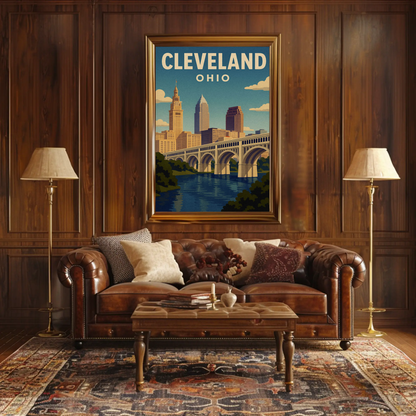 Cleveland Ohio Downtown Skyline Cuyahoga River Travel Poster