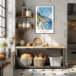Kefalonia Coastal Charm in Watercolor Travel Poster PosterGoat