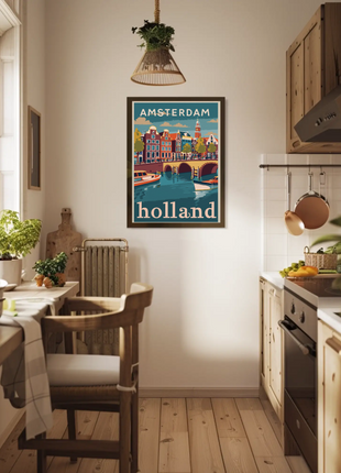 Amsterdam Holland Autumn Canal Houses Vintage Travel Poster