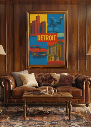 Detroit Landmarks and Muscle Car Cultural Heritage Poster