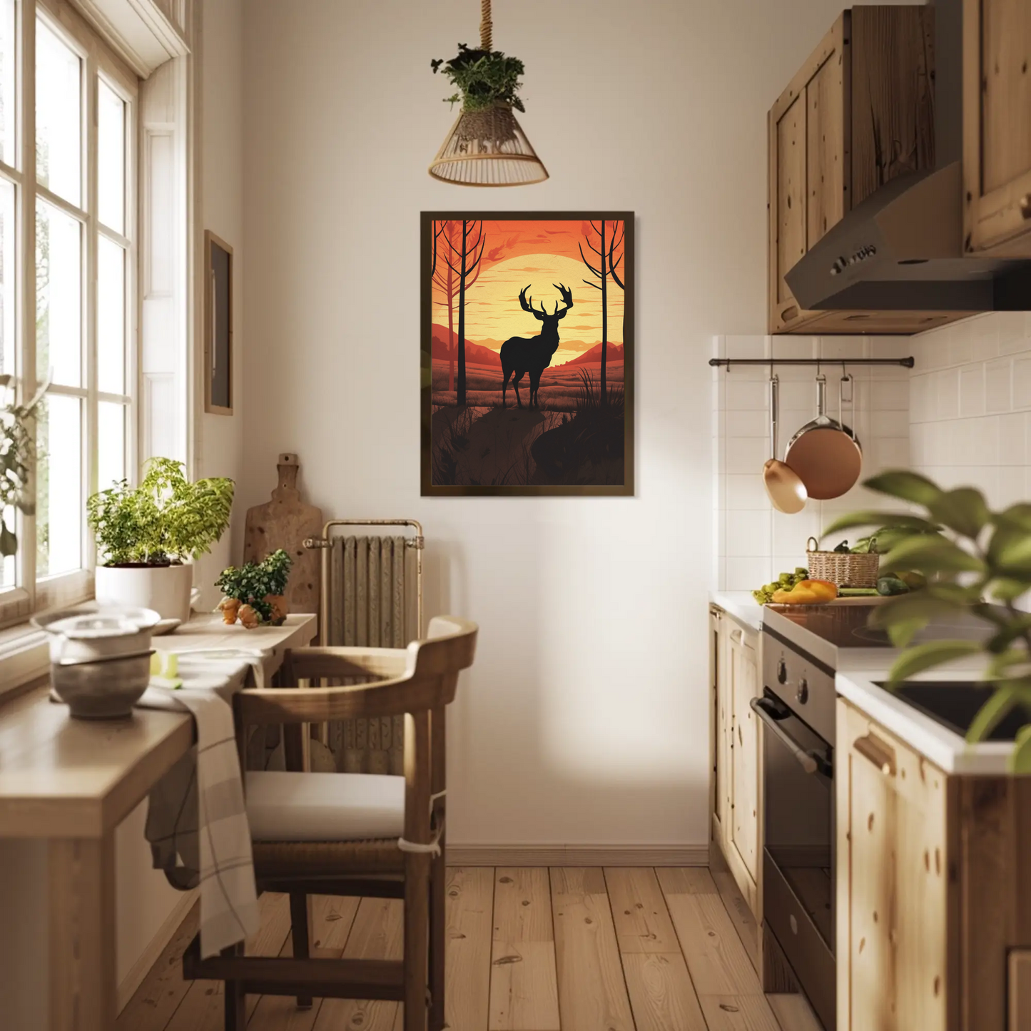 Sunset Forest Silhouette Deer Landscape Vintage Travel Poster