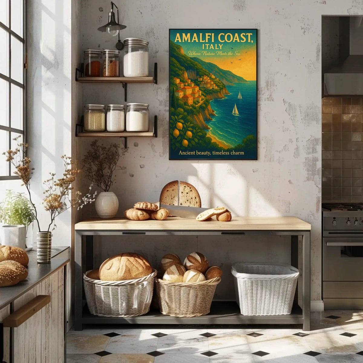 Amalfi Coast Vintage Travel Poster: Serene Seaside Escape