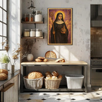 Saintly Figure with Church Poster PosterGoat