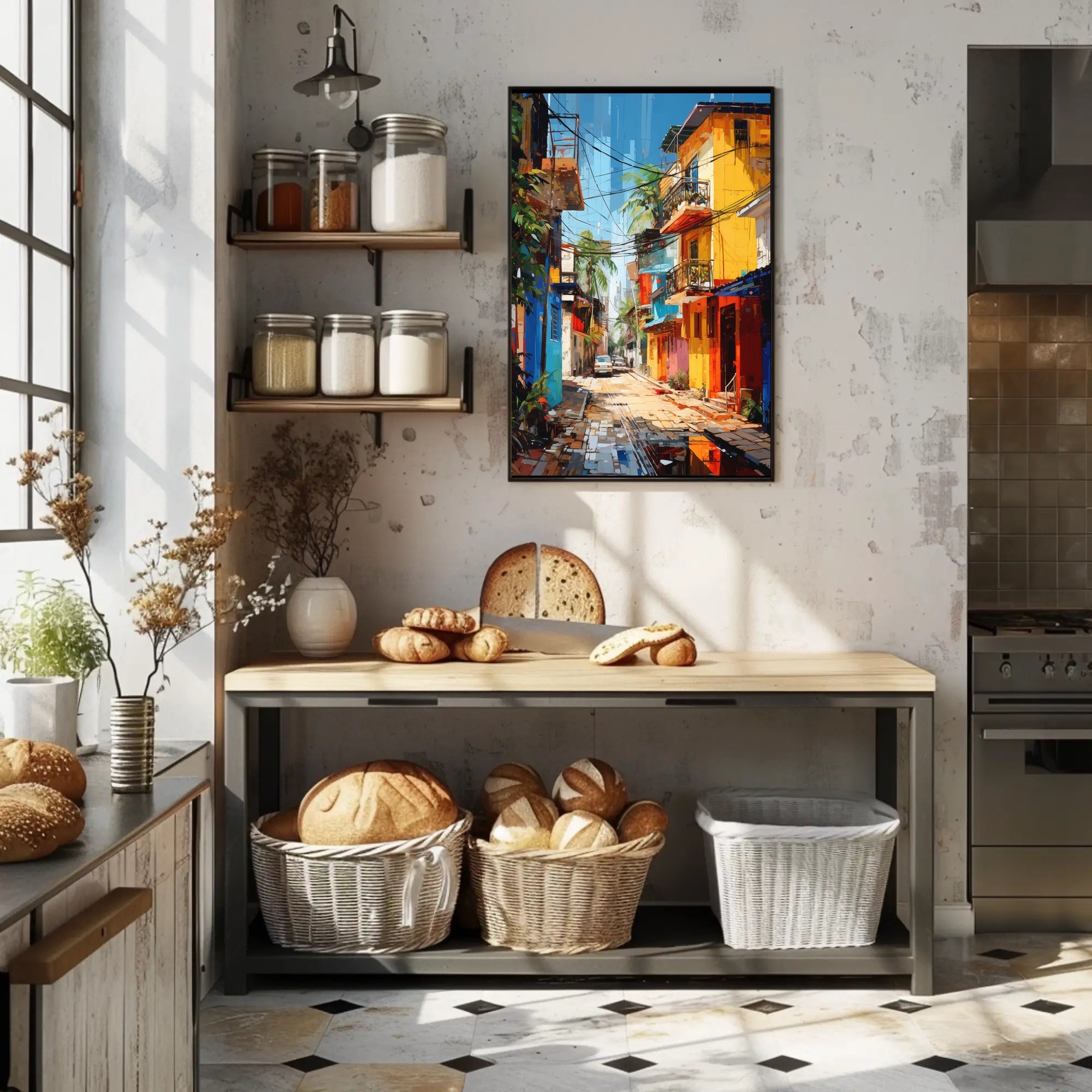 Vibrant Tropical Urban Street Scene Artistic Poster