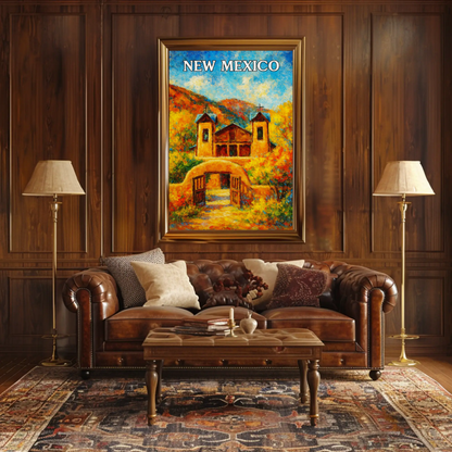 New Mexico Historic Adobe Church Autumn Colors Travel Poster