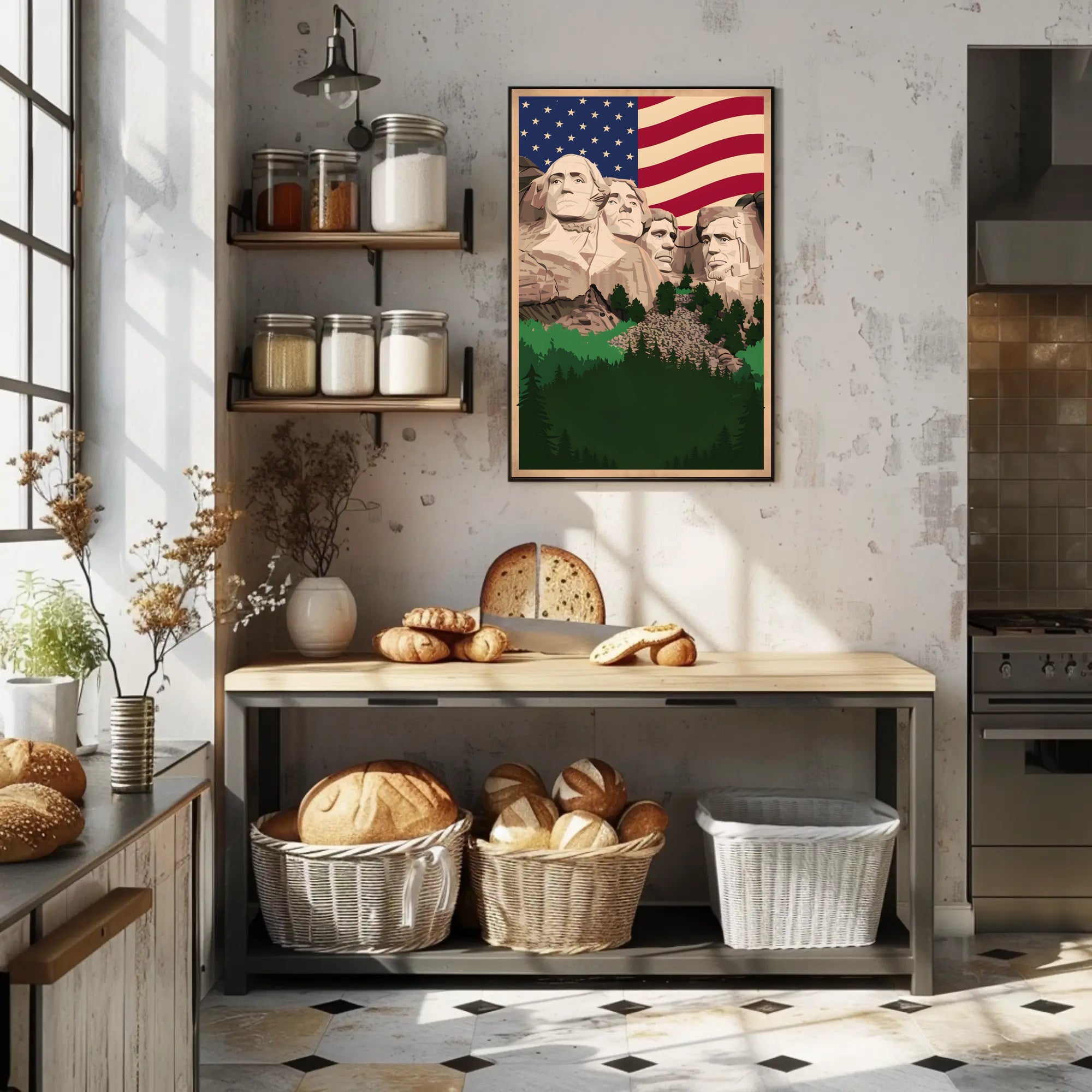 Mount Rushmore and the American Flag Poster