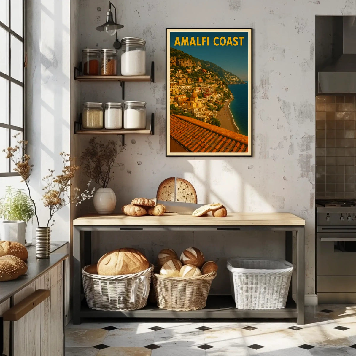 Amalfi Coast Poster Blue Mediterranean Coastal Wall Art