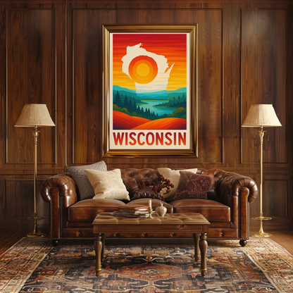Wisconsin Sunset Nature River Forest Outline Scenic Travel Poster