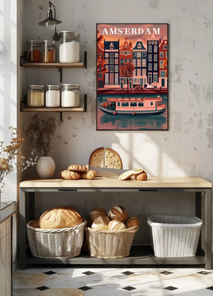 Amsterdam Canal Houses: Warm Scenic Travel Poster