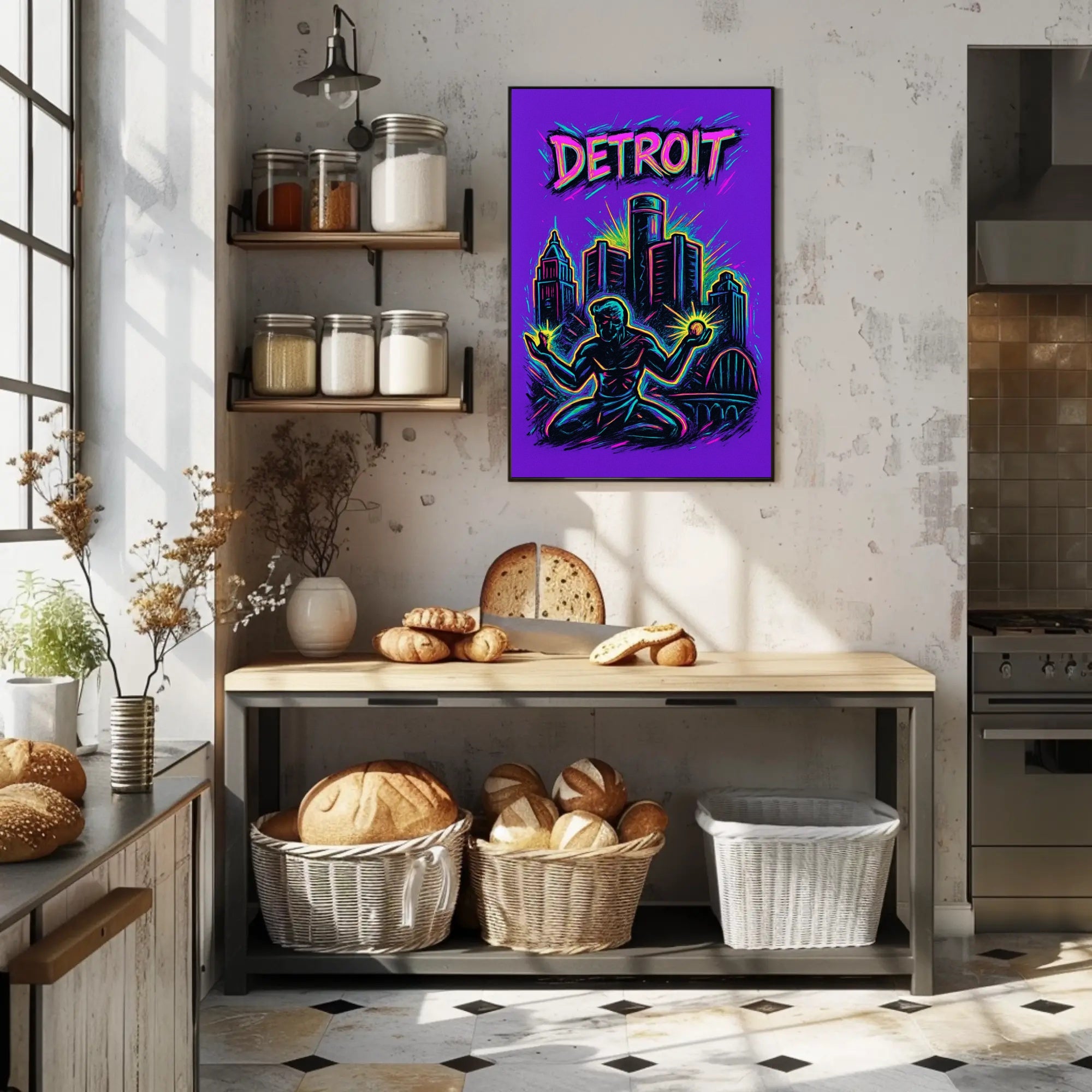 Dynamic Neon Detroit Art: Urban or Cityscape Poster