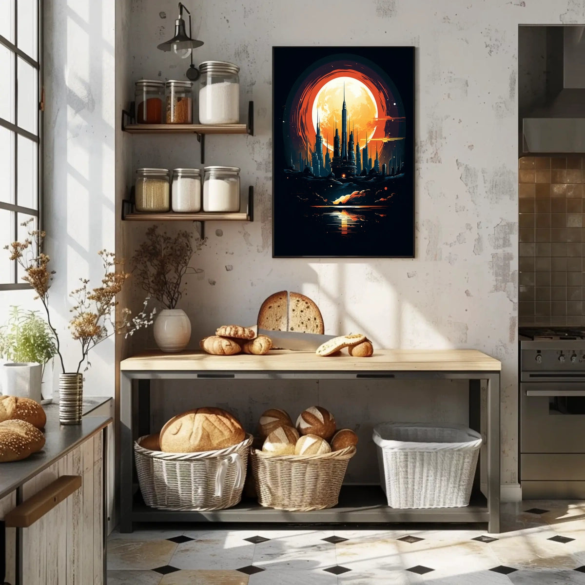 Futuristic Cityscape Under a Full Moon Poster