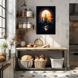 Futuristic Cityscape Under a Full Moon Poster