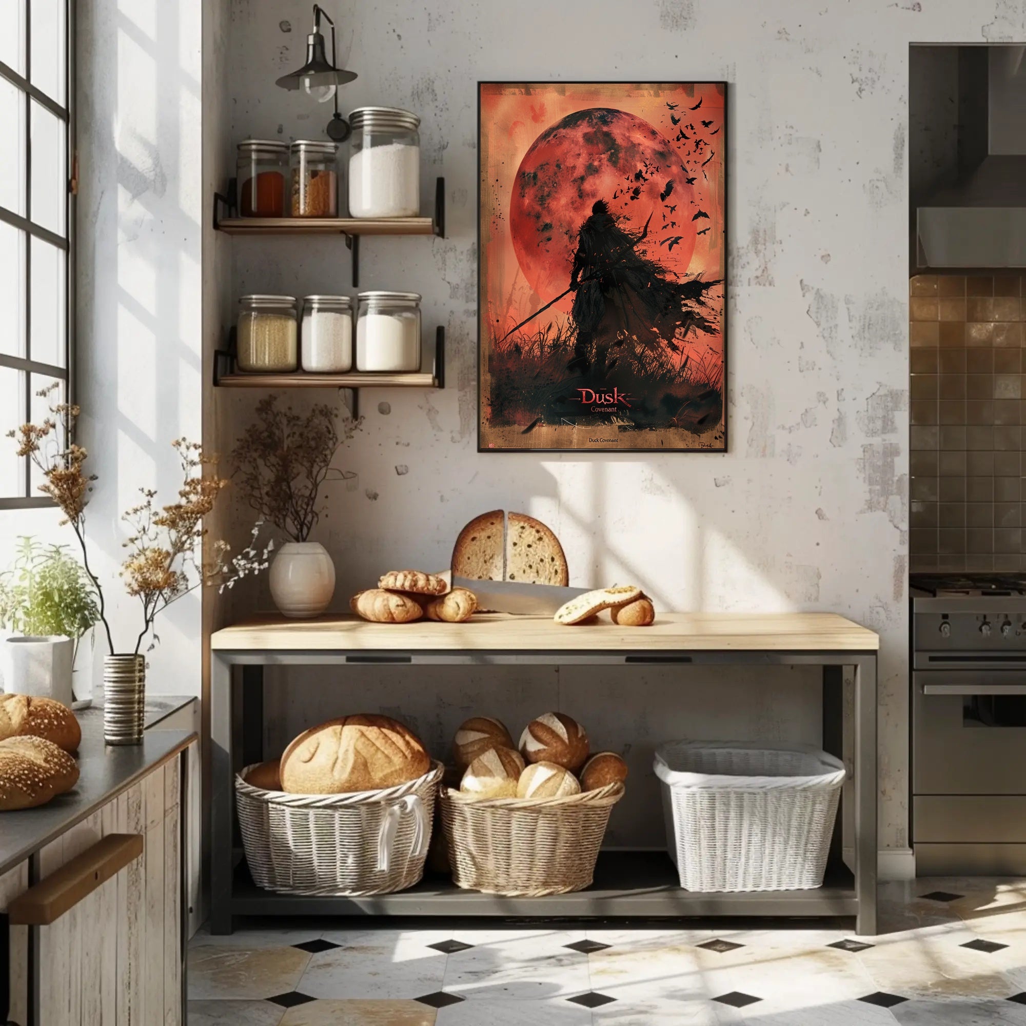 Silhouetted Warrior Against Red Moon Fantasy or Mythology Poster PosterGoat