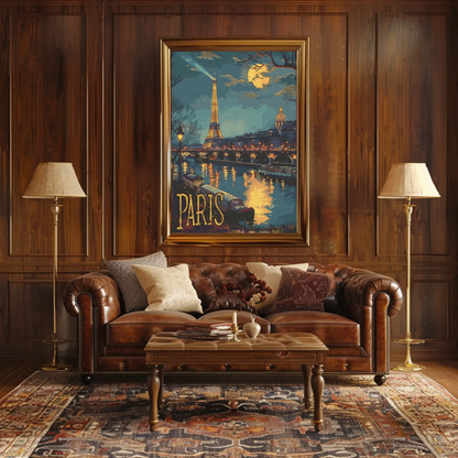 Paris Eiffel Tower Night Lights River Travel Poster