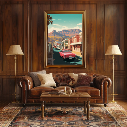 Cape Town Retro Car Colorful Buildings Scenic Travel Poster