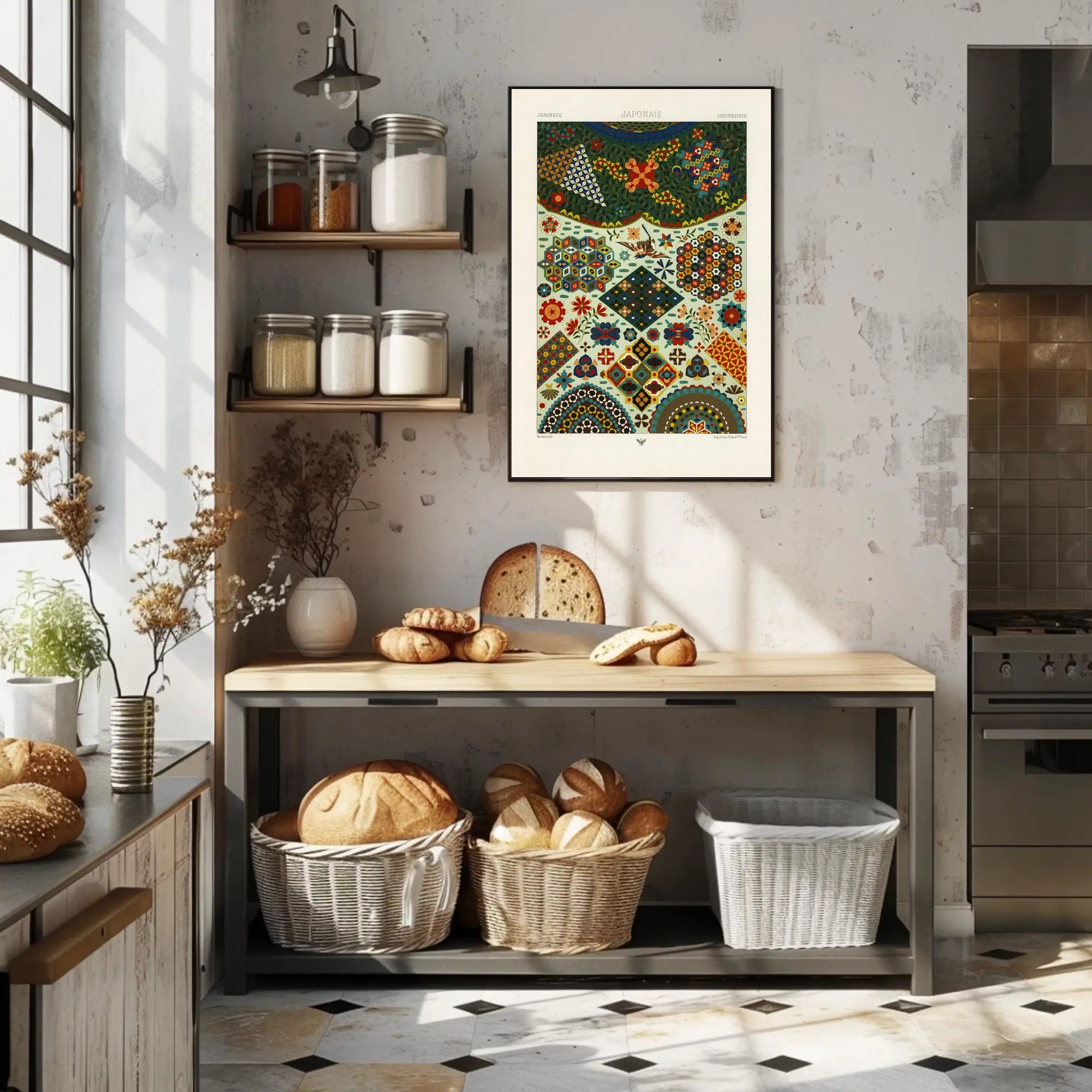 Japanese Pattern Harmony: Vibrant Geometrical and Floral Tapestry Poster