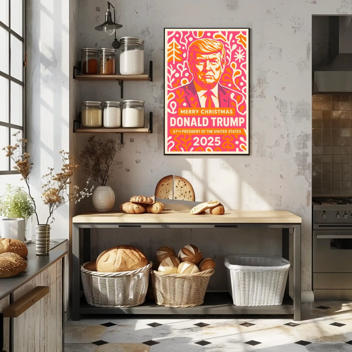 Vibrant Festive Portrait in Pink and Orange Pop Culture Poster