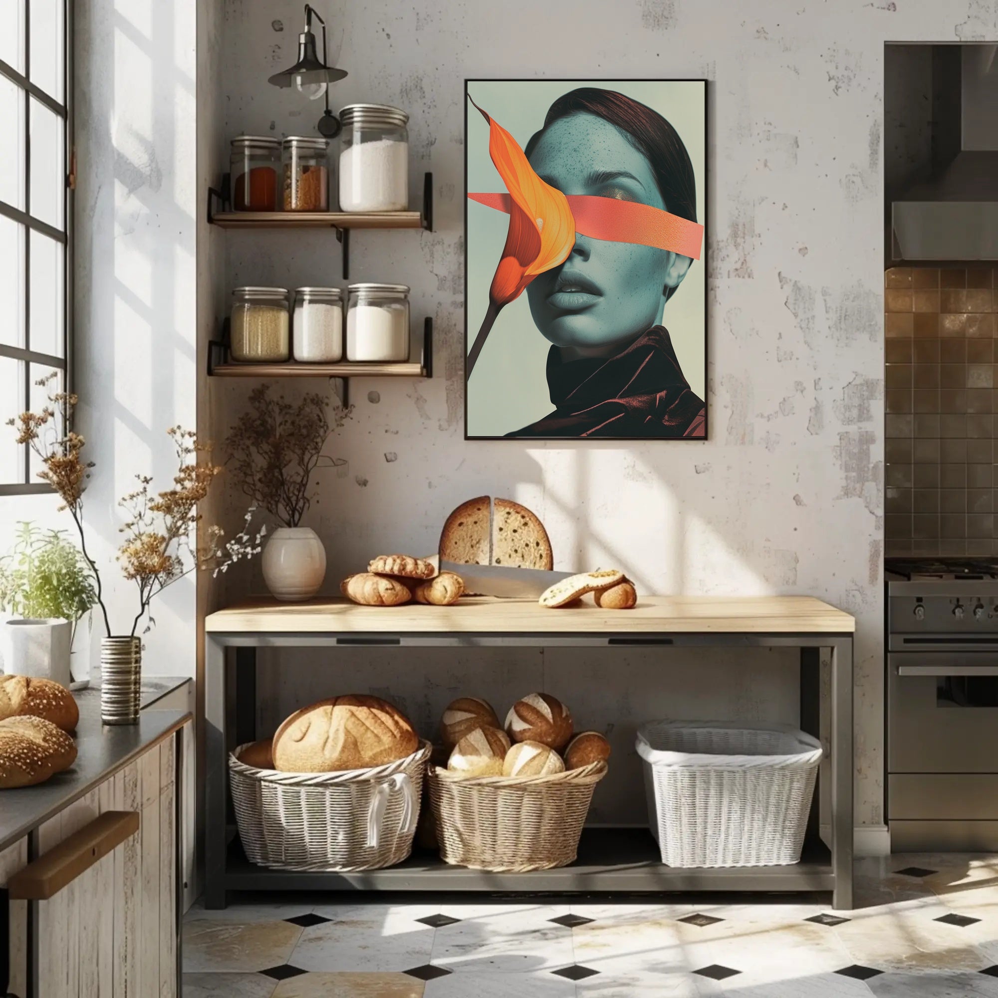 Surreal Blue Portrait with Orange Calla Lily Art Poster PosterGoat