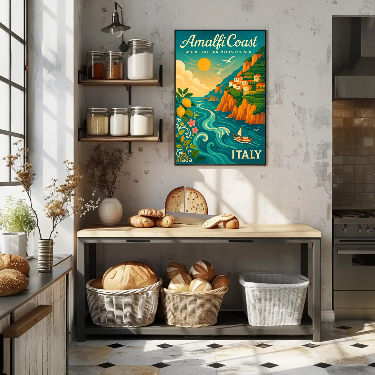 Amalfi Coast Vintage Travel Poster: Sunlit Serenity