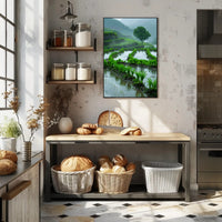 Peaceful Terraced Rice Paddies in Rainy Rural Landscape Poster PosterGoat