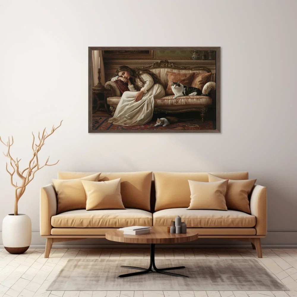 Serene Vintage Woman with Cats in Classic Interior