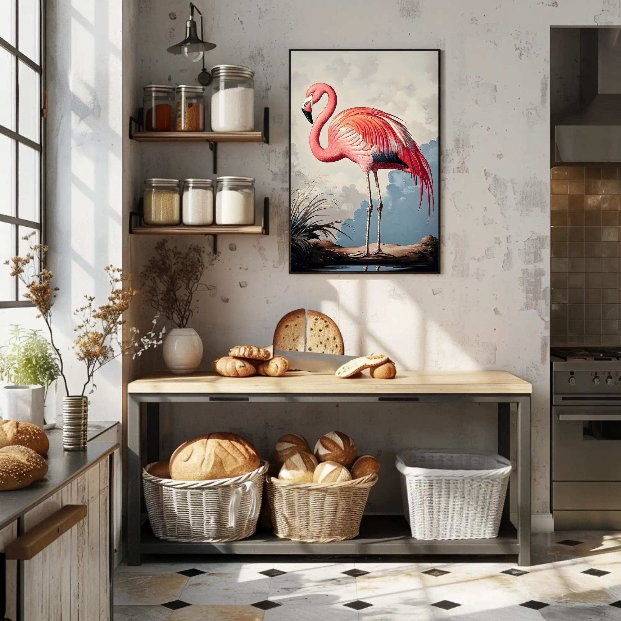 Flamingo Illustration Poster Vintage Tropical Wall Art