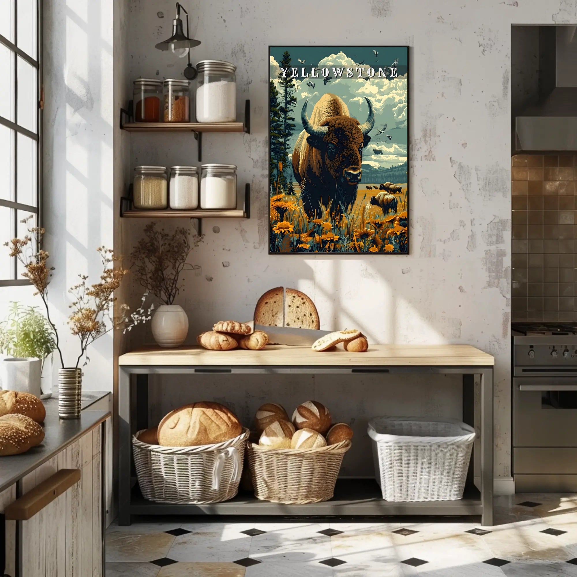 Majestic Yellowstone: Bison and Wildflowers Poster