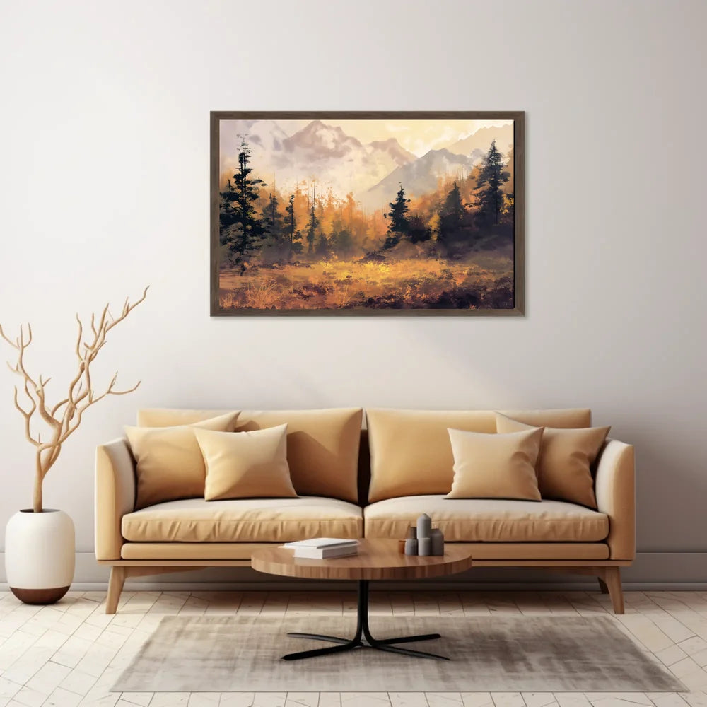 Autumn Tranquility: Impressionistic Forest and Mountains Poster