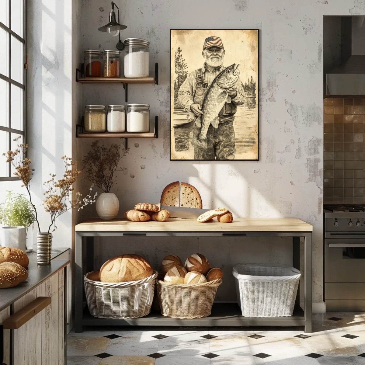 Vintage Style Fisherman Holding Large Bass Rustic Poster