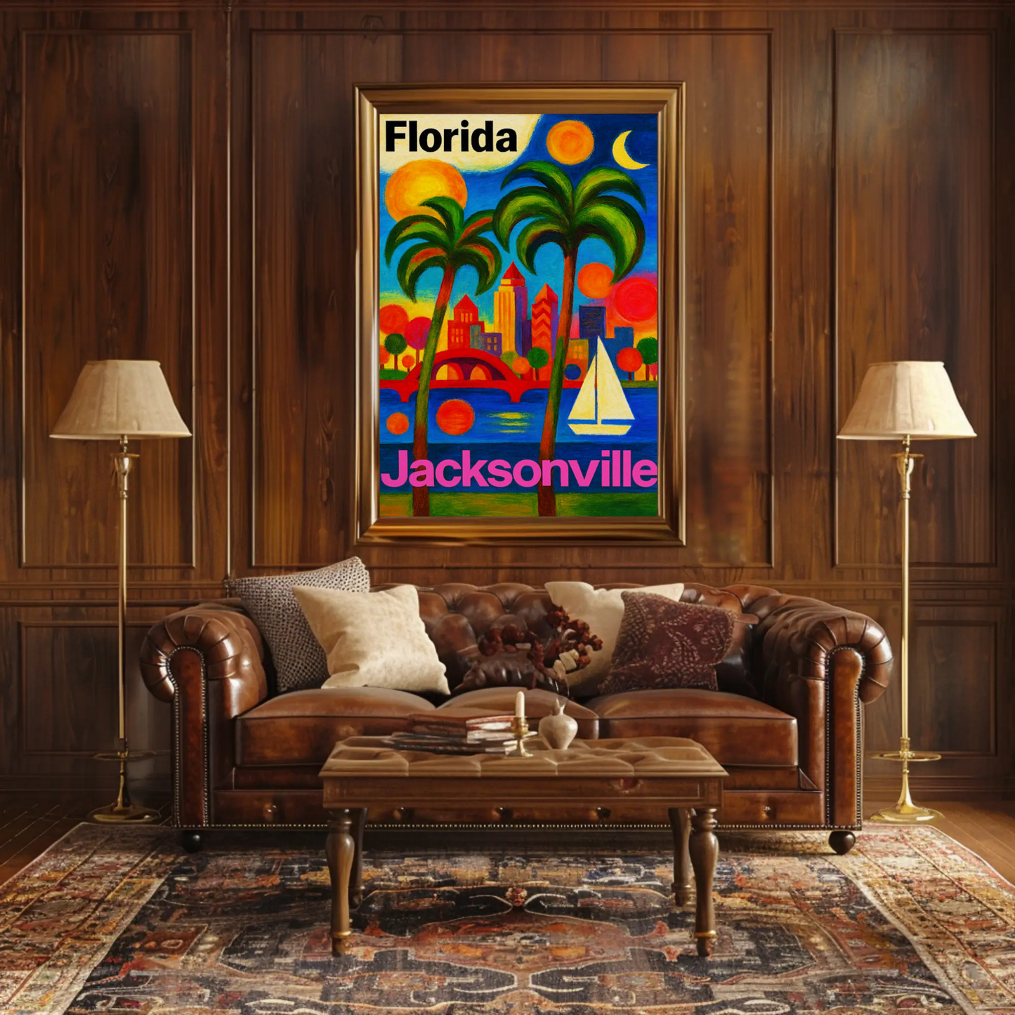 Jacksonville Florida Vibrant Skyline With Sailboat Travel Poster