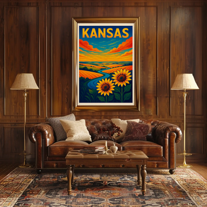 Kansas Sunflowers Prairie Horizon River Travel Poster